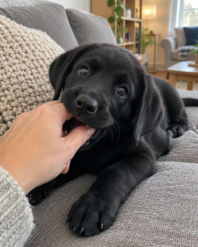 Black Labrador puppy nipping a hand