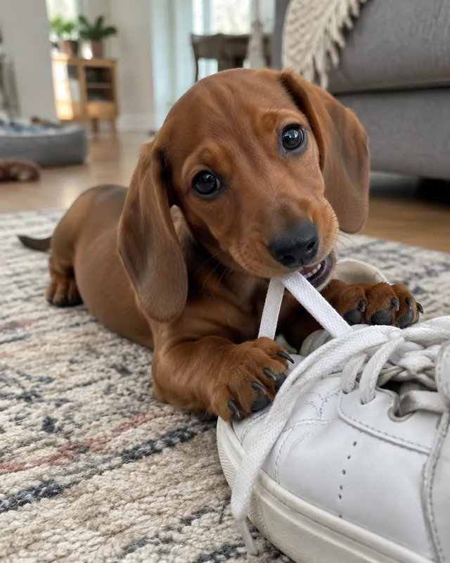 Dachshund puppy chewing a sneaker